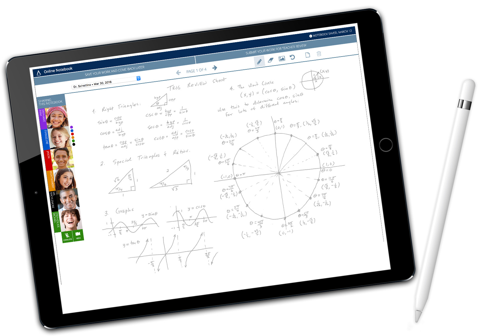 a tablet displaying the shared whiteboard in an online math discussion